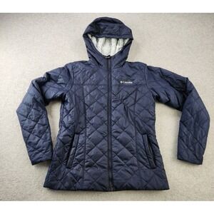 Columbia‎ Copper Crest Jacket SMALL quilted Soft Faux Fur Lined Hooded Navy Blue